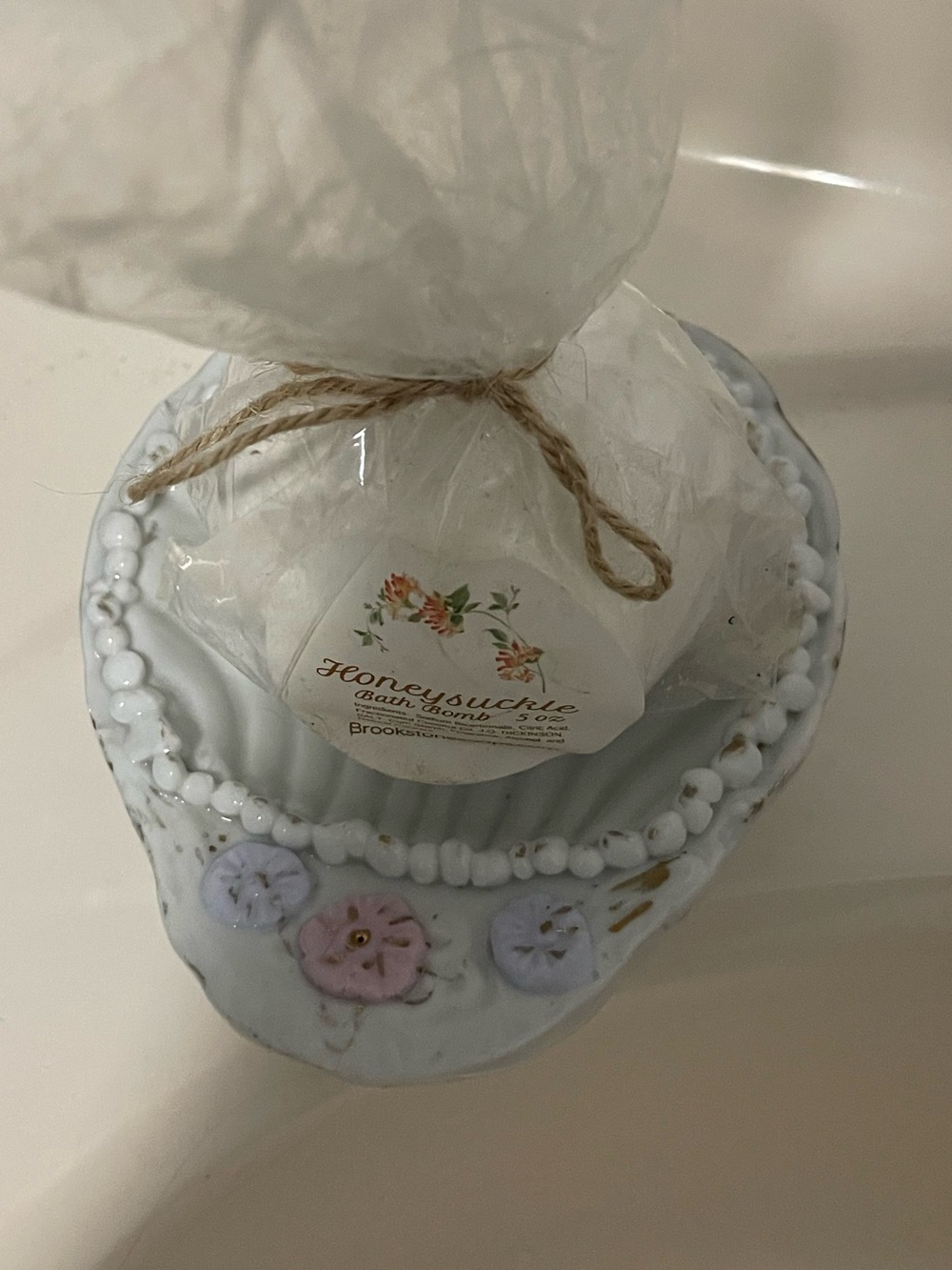 White ceramic soap dish with pink/Lavendar & New Honeysuckle Soap!